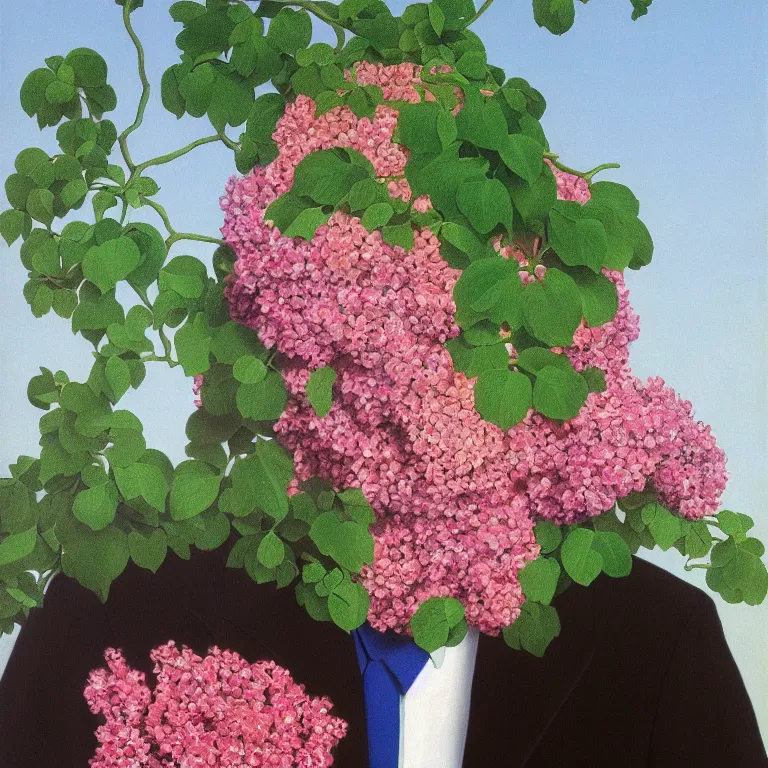 Image similar to portrait of a man, face hidden by beautiful flowers, by rene magritte, detailed painting, hd, hq, high resolution, high detail, 4 k, 8 k