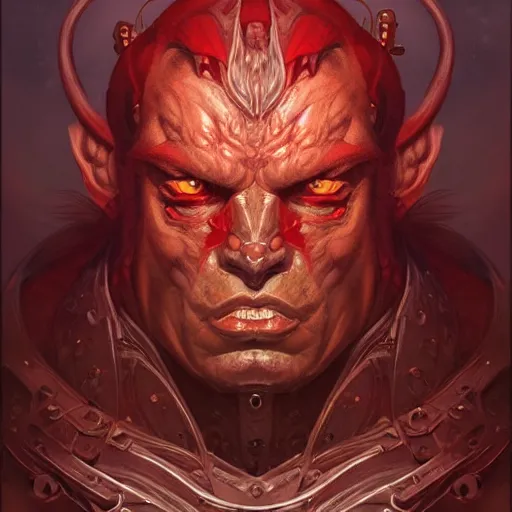 Image similar to portrait of muscular red orc, symmetrical, D&D character art, portrait, digital painting, concept art, intricate, mogul khan, Peter Mohrbacher, Alphonse Mucha, Brian Froud, Yoshitaka Amano, Kim Keever, Victo Ngai, James Jean