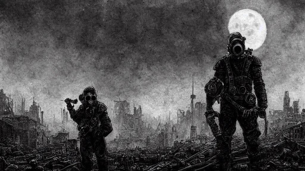 Prompt: Fallout, soldier with a gasmask, dark clouds, fire, burning, dark, eerie, night, dystopian, city, buildings, ruins, trees, moon, eldritch, illustration by Gustave Doré