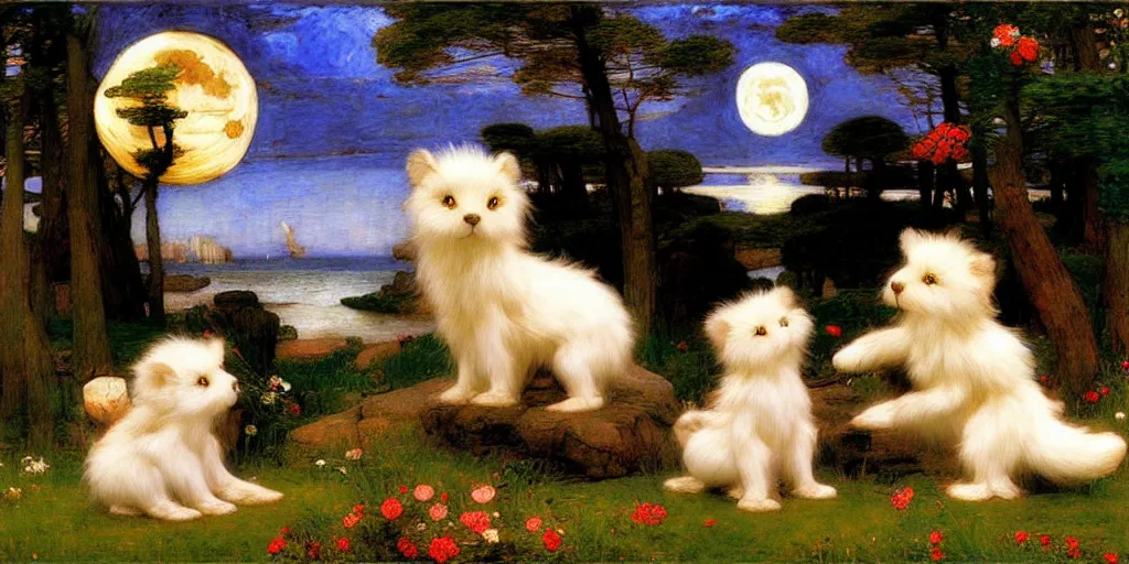 Image similar to 3 d precious moments plush animal, realistic fur, moonrise by the sea, master painter and art style of john william waterhouse and caspar david friedrich and philipp otto runge