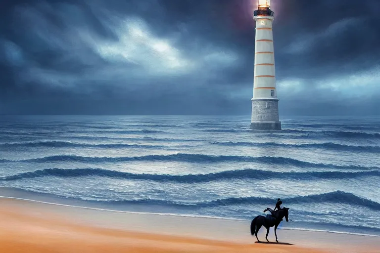 Image similar to photo of man riding a horse along the beach, glowing underwater waves toward a lighthouse in the distance guiding his way, silhouette, wide horizon, large white clouds, seagulls, night, intricate, elegant, highly detailed, digital painting, artstation, concept art, smooth, sharp focus, illustration, rule of thirds art by artgerm and greg rutkowski and fra angelico