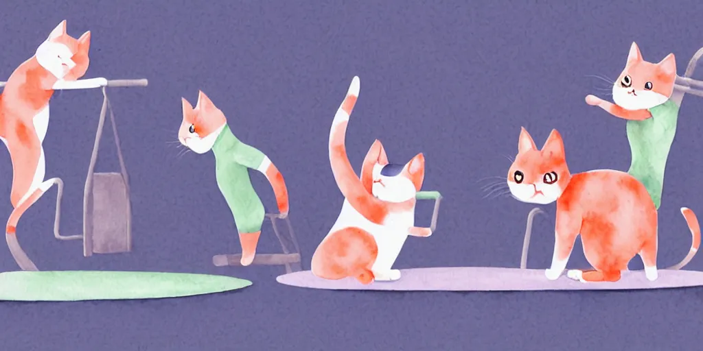 Image similar to watercolor illustration style, cute cats training in the fitness studio environment