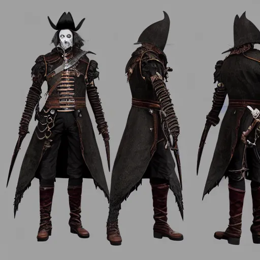 Image similar to Full body profile of Male Victorian Gothic Pirate Genshin Impact character, hd, intricate, bloodborne, 8k, digital art