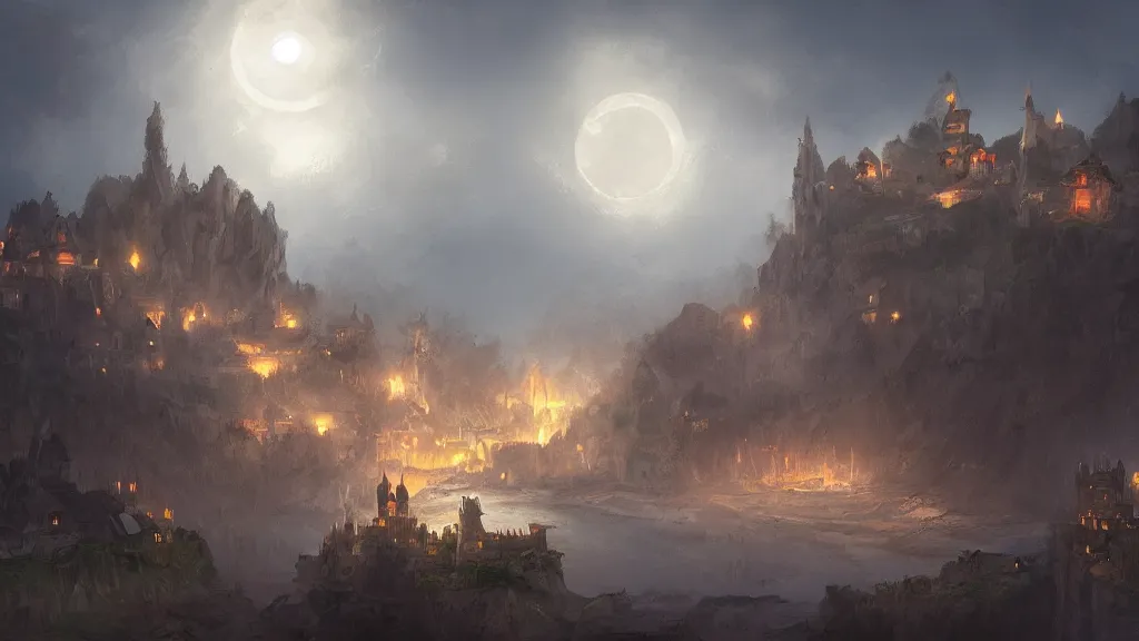 Prompt: A medieval fantasy village on the side of a cliff by the ocean , crescent moon, light glowing from windows at night, smoke from chimneys concept art by James Paick