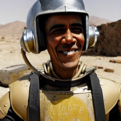 Prompt: award winning photograph of barack obama wearing fallout t - 5 1 b power armor in the mojave desert