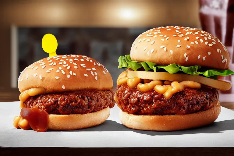 Prompt: mcdonalds baked beans burger, ( ( patty ) ), commercial photograph