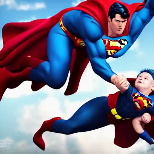 Prompt: superman rescuing a falling child. photorealistic. realism. 4 k wideshot. cinematic. unreal engine. artgerm.