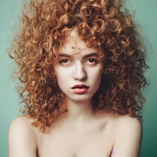 Image similar to a photo of a beautiful woman with curly hair, dreamy, nostalgic, fashion editorial, studio photography, magazine photography, earth tones