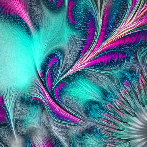 Prompt: an highly detailed irregular warped fractal of feathers by Liam Wong, background of outer space neon nebulas by Pilar Gogar, 8k hdr octane render
