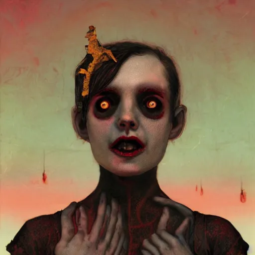 Prompt: A zingy Portrait of a possession Succubus in a nightmare disquieting environment by Ravi Zupa, trending on Pixiv.:5, 12k resolution, 16k resolution, Chromatic Abberation, Physically based rendering (PBR), FXAA, in the Style of Raster Paintings, Depth of Field:2, Olivine color scheme, blur, bokeh, dof:-1