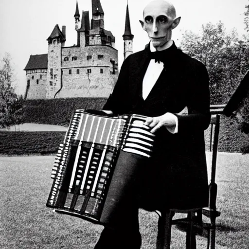 Image similar to vintage photograph of count orlok outside his castle, playing accordion, castle in the background, 4 k