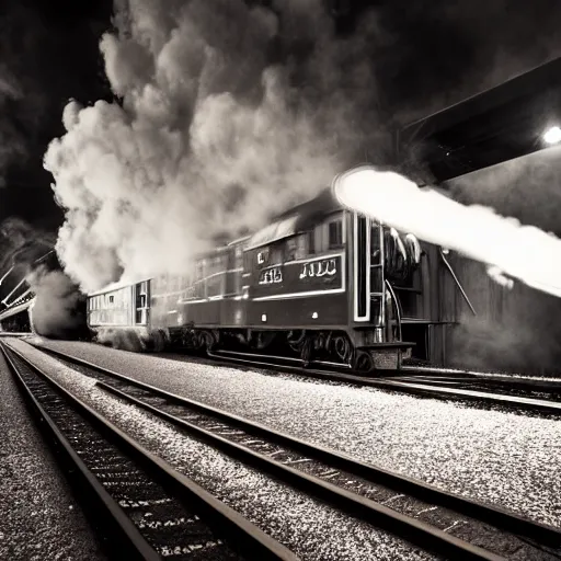 Image similar to train with steam locomotive leaving the station, dramatic cinematic angle and lighting, low angle camera, slow shutter light streaks