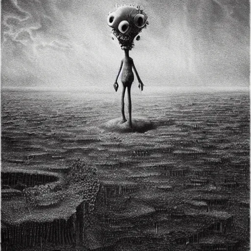 Image similar to spongebob squarepants in style of zdzisław beksinski, standing in wasteland, horror art, creepy, desolate