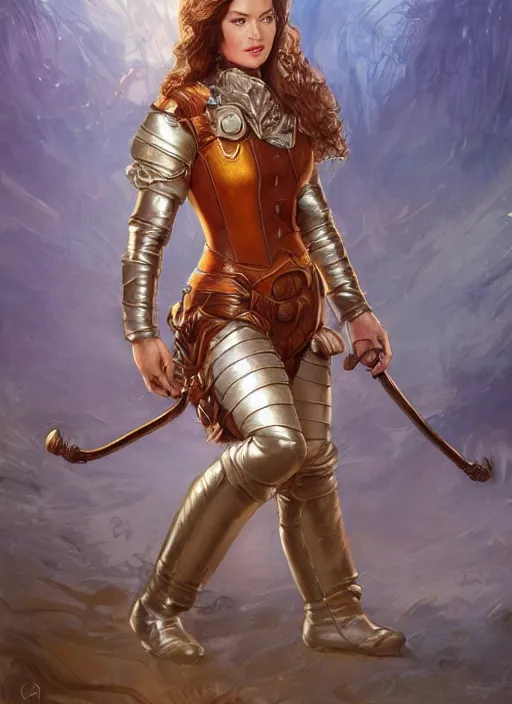 Image similar to beautiful female dorothy gale, rebecca romijn as dorothy, full body character concept, covered in full leather armor, armor plating, art nouveau, super powers, fantasy, intricate, elegant, highly detailed, digital painting, artstation, concept art, shining, sharp focus, illustration, art by stanley lau