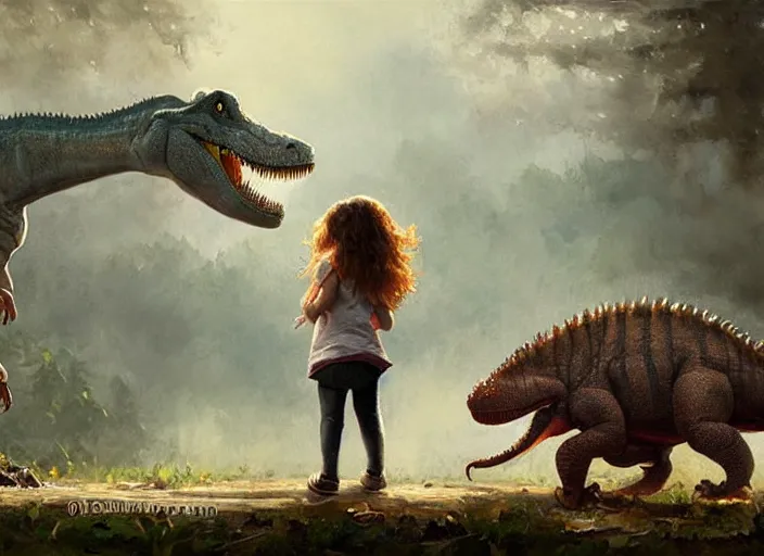 Image similar to a cute little girl with wavy curly brown hair meets a realistic accurate dinosaur. beautiful painting by greg rutkowski