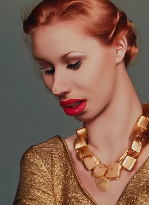 Image similar to vintage photograph of an olive skinned female model with strawberryblonde hair in her twenties, her hair pinned up, wearing a designer top and one thin gold necklace, looking content, focused on her neck, photo realistic, extreme detail skin, natural beauty, no filter, slr, golden hour, 4 k, high definition, selfie