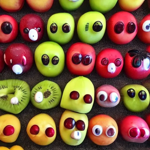 Image similar to fruit with eyes and mouth