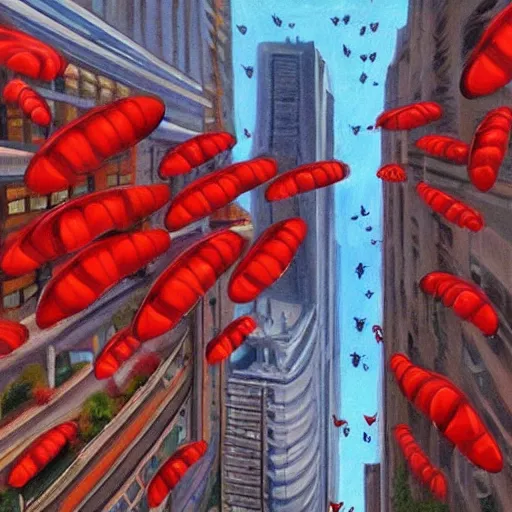 Prompt: “big red bees over city realistic panting”