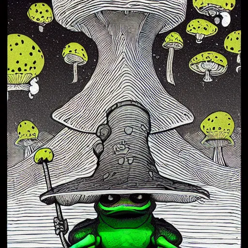 Image similar to A centered chest up portrait of a psychedelic demonic anthropomorphic frog smoking a hand-rolled cigarette smoking heavily , magic mushroom village in background . award winning. superb resolution. in the art style of junji Ito and greg rutkowski . Detailed Mushroom city in background. Hyper realistic anime. Perfect art. Dalle2