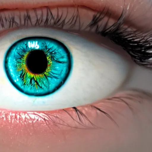 Prompt: (((((((( film still of a human eye in rainbow rue : realistic skin, realistic eye lashes : 8K UHD !!!!!!