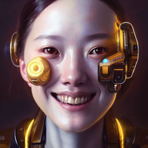 Prompt: portrait painting of a cute cyborg kim ji - woo smiling cheerfully, ultra realistic, concept art, intricate details, eerie, highly detailed, photorealistic, octane render, 8 k, unreal engine. art by artgerm and greg rutkowski and magali villeneuve and alphonse mucha
