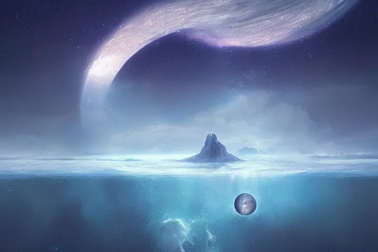 Image similar to glitched fantasy painting, the night sky is an upside down ocean, the moon is a lure, half submerged by jessica rossier