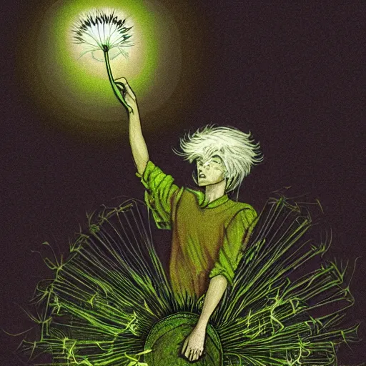 Image similar to album art priest casting divine dandelion greens spell , in the style of Greg Broadmore and Arthur Rackham and Moebius,trending on artstation, light lighting side view,digital art,surrealism ,macro,blueprint ,vaporwave ,