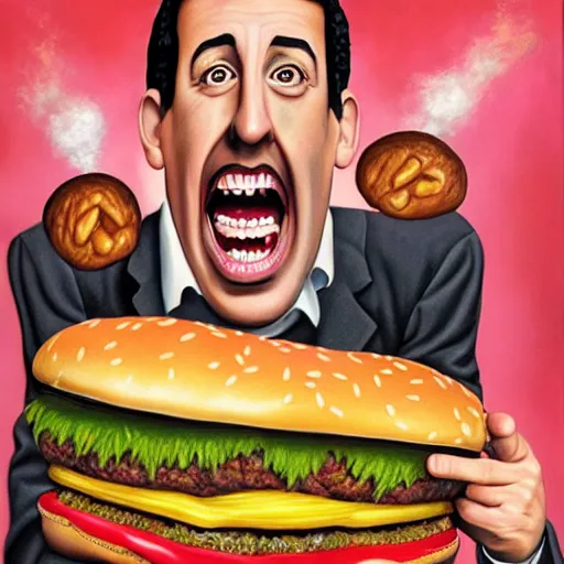 Prompt: adam sandler screaming at a giant hamburger, lowbrow painting by mark ryden