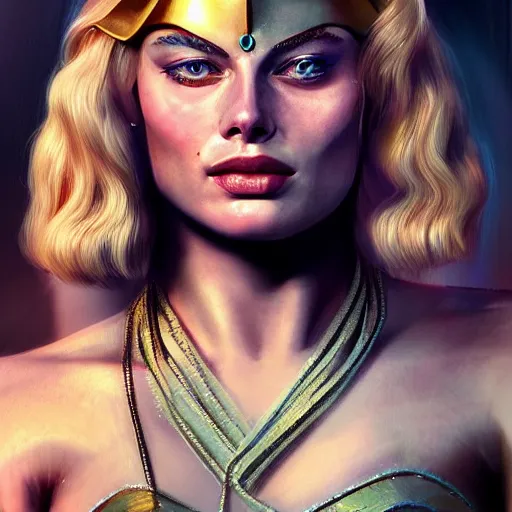 Image similar to margot robbie as a beautiful greek god, highly detailed, detailed face, digital art, trending on artstation