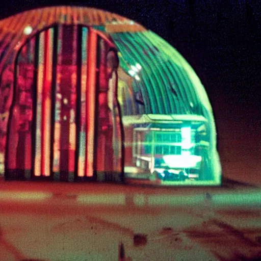 Image similar to 35mm film still blade runner set on Mars in an neon city, domes made of glas by Alex grey