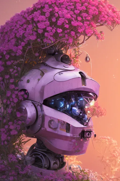 Prompt: a painting of a robot with flowers in his face, a raytraced image by Mike Winkelmann, cgsociety, panfuturism, made of flowers, cryengine, prerendered graphics