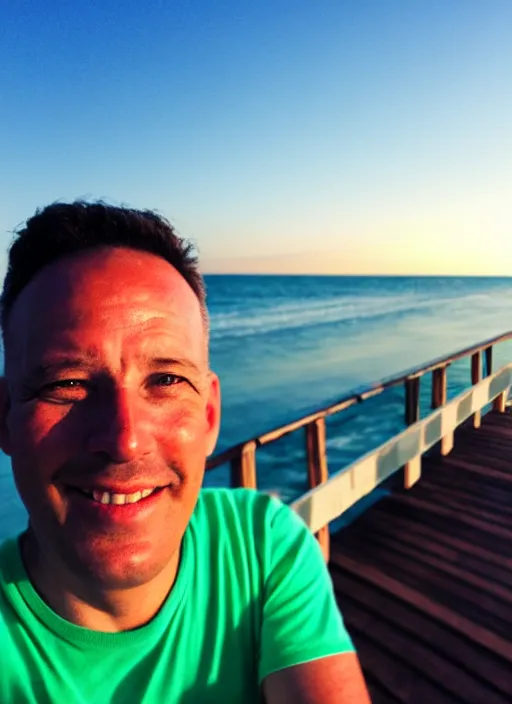 Image similar to iphone selfie of a man on the boardwalk with the ocean in the background