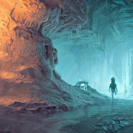 Image similar to the cyber skeleton king, frozen in an ice floe, glowing green, inside a dark cavern, intricate, highly detailed, smooth, wide shot, artstation, digital illustration by ruan jia