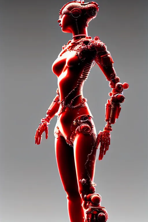 Prompt: a statue made of red marble, of an beautiful chinese girl, full body shot, perfect body, white red biomechanical, inflateble shapes, wearing epic bionic cyborg implants, masterpiece, intricate, biopunk futuristic wardrobe, vogue, highly detailed, artstation, concept art, background galaxy, cyberpunk, octane render