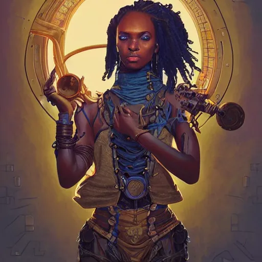 Image similar to african steampunk alchemist, science fiction, highly detailed, digital painting, beautiful eyes, symmetry, concept art, sharp focus, illustration, global illumination, radiant light, retrowave colors, detailed and intricate environment, art by artgerm and greg rutkowski and magali villeneuve and ilya kuvshinov!