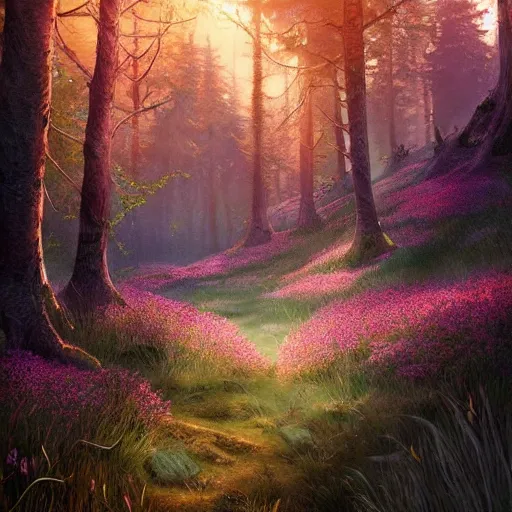 Image similar to a flowering meadow a forest behind it, epic fantasy, detailed, intricate, digital painting, concept art, realistic, smooth, focus, rim light