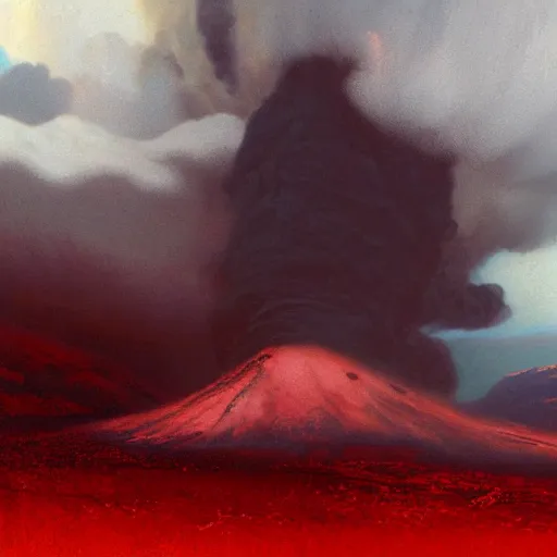 Prompt: a volcano eruption, huge fluffy smoke clouds, lava, beautiful, eerie, scary, red, craig mullins