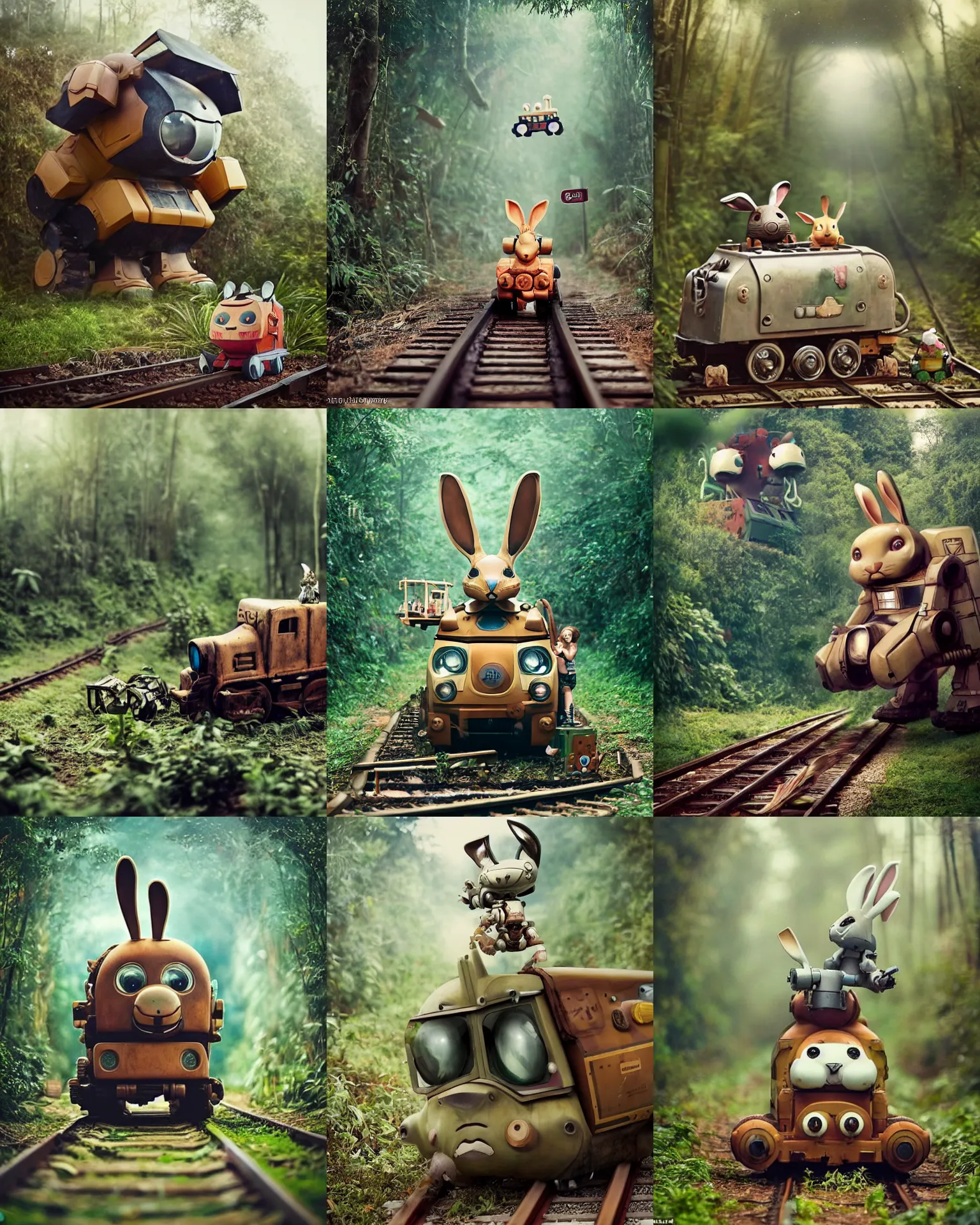 Prompt: epic battle pose !!!giant oversized battle rabbit robot chubby mech baby as rusty cute train with big ears and rabbit, on a jungle forest train track , full body , Cinematic focus, Polaroid photo, vintage , neutral dull colors, soft lights, foggy ,random weather, by oleg oprisco , by victor enrich