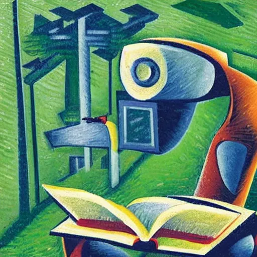 Prompt: A robot reading a book in a park, birdsview, birds, in the style of Umberto Boccioni