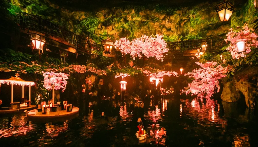 Prompt: 35mm film still of a very surreal magical European castle cafe in a lush waterfall garden, falling cherry blossoms pedals, in the style of Gucci, James Jean and Wes Anderson glowing lights and floating lanterns, foggy atmosphere, rainy, moody, muted colors, magic details, very detailed, 8k, cinematic look