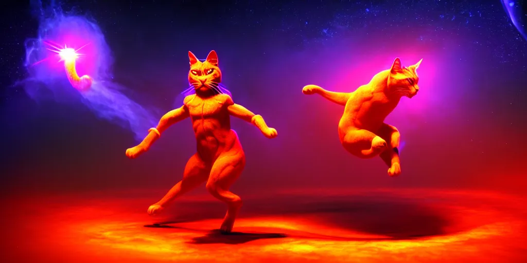 Image similar to 8 k uhd poser, redshift render of shiva the destroyer as a cosmic dancing cat, stage photography, volumetric lighting