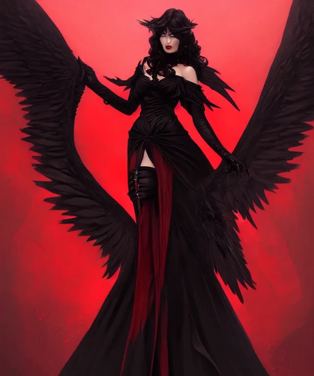 Image similar to Female dark angel in gothic red and black dress, their black wings are extended, highly detailed, digital painting, artstation, concept art, smooth, sharp focus, illustration, art by artgerm and greg rutkowski and alphonse mucha