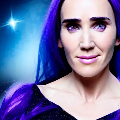 Prompt: beautiful witch female, Jennifer Connelly, blue and purple glowing hair, smiling, clear clean face, two perfect eyes, perfect eyes perfect symmetrical eyes, symmetrical face, blurry background, pose, Alexandra Fomina, painterly style, high contrast