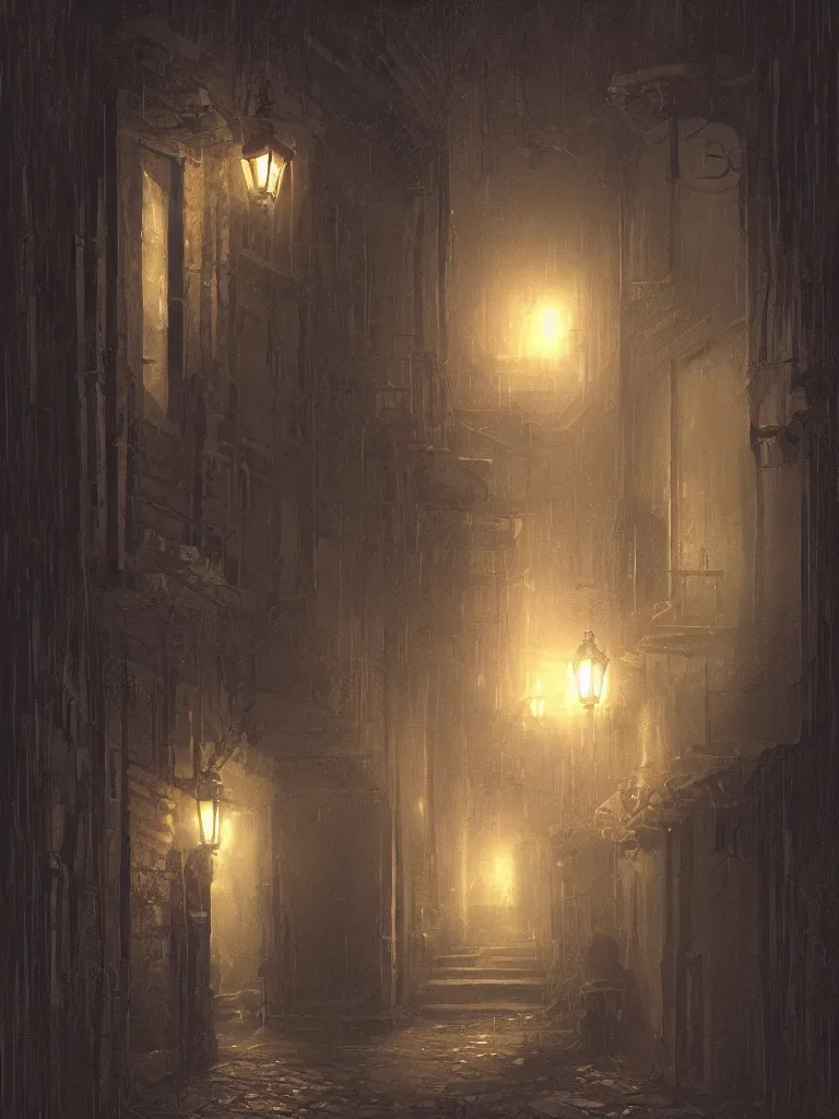 Image similar to a nightscene with a dark alley at the end an illuminated door in the style of greg rutkowski and hiromasa ogura