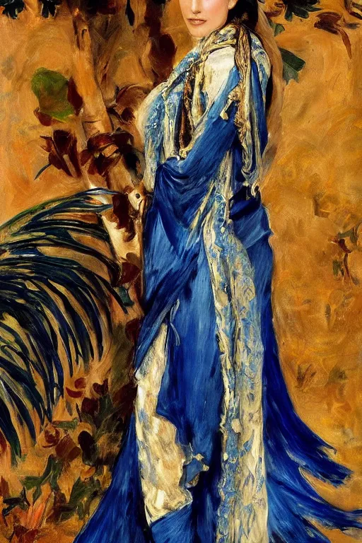 Image similar to monica bellucci as a persian girl with arabesque blue and golden detailed scarf near and mexican palms, painting by john singer sargent