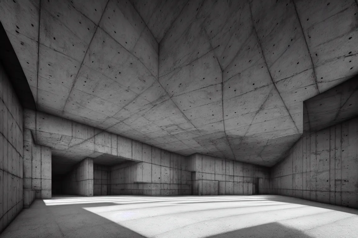 Prompt: Concrete huge square dark-gray multi-layered underground structure with multiple floors and a cleft in the center. Inside view, straight lines, corners, high detailed, details, ultra realistic, photorealism, 8k, doorways, symmetrical, brutalism, ray of light, architecture, volumetric lighting, cinematic, shadows