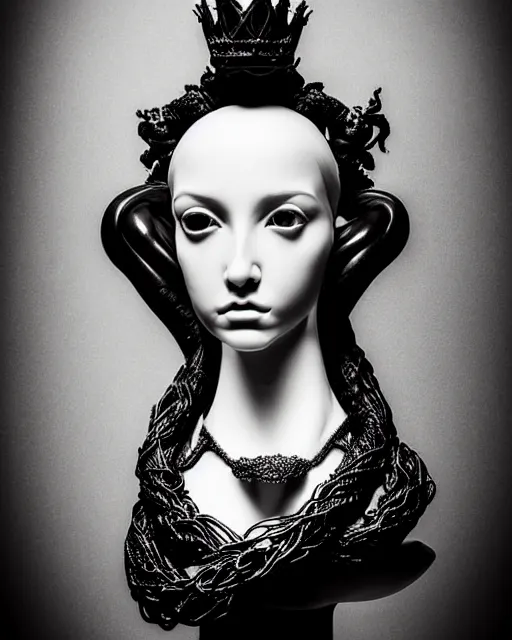 Image similar to dark background, a black and white high quality dreamy photo of a young beautiful female queen-dragon-vegetal-orchid-mineral-cyborg bust with a very long neck and delicate Mandelbrot fractal face, elegant, highly detailed, flesh highly baroque ornate, hair are curled wired cables, elegant, poetic, soft, dreamy, mysterious, high fashion, rim light, in the style of Ellen von Unwerth, Realistic, Refined, Digital Art, Highly Detailed, Cinematic Lighting, rim light, black and white, photo-realistic, 8K