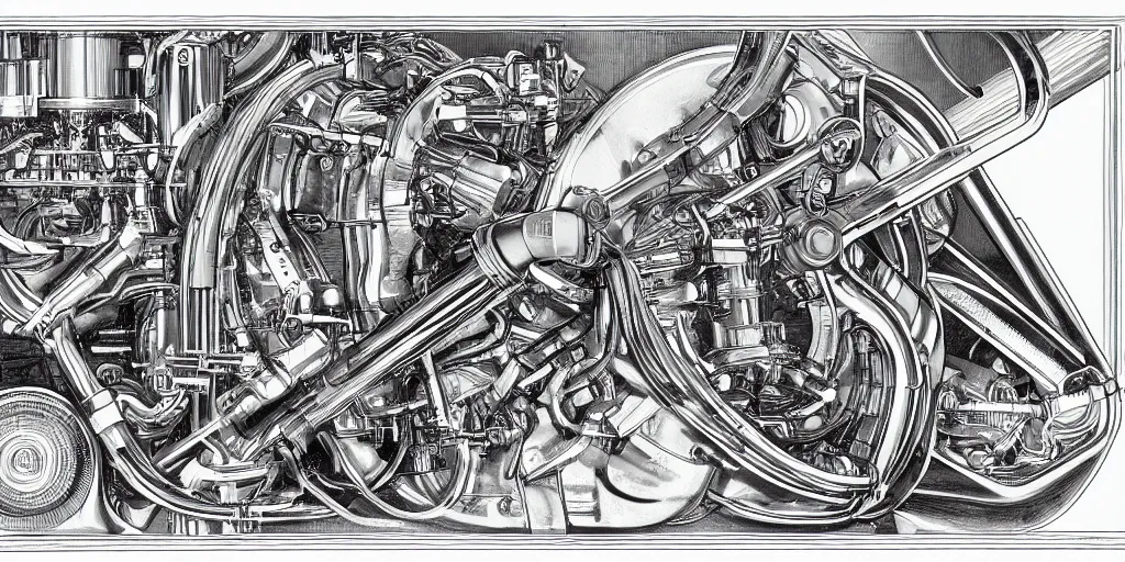 Image similar to f1 engine cutaway scientific illustration by Ernst Haekel highly detailed by jean giraud moebius engineering black and white chrome