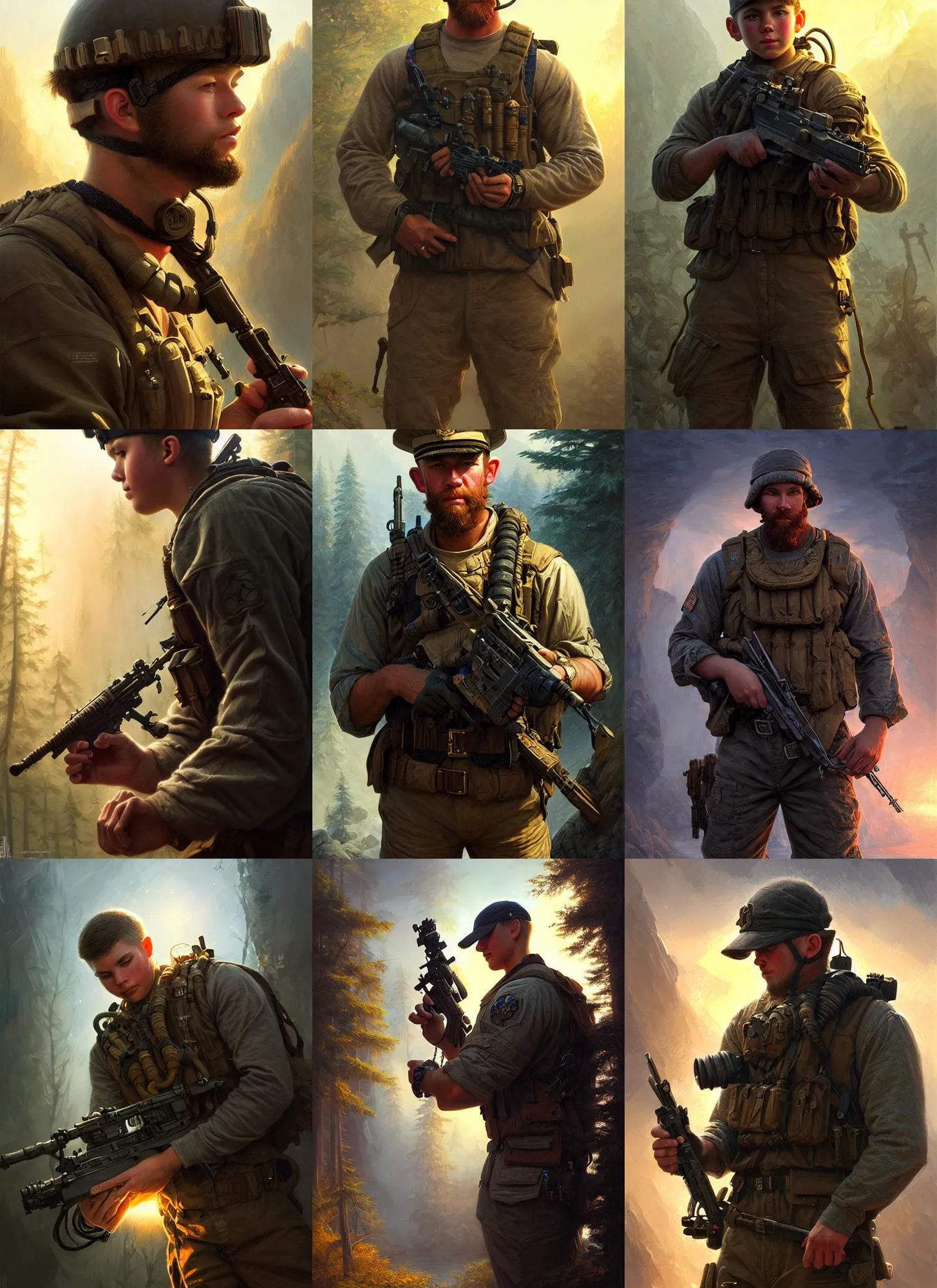 Prompt: young retired navy seal helping juvenile youth, fantasy magic, light night, intricate, elegant, sharp focus, illustration, highly detailed, digital painting, concept art, matte, art by wlop and artgerm and ivan shishkin and andrey shishkin, masterpiece