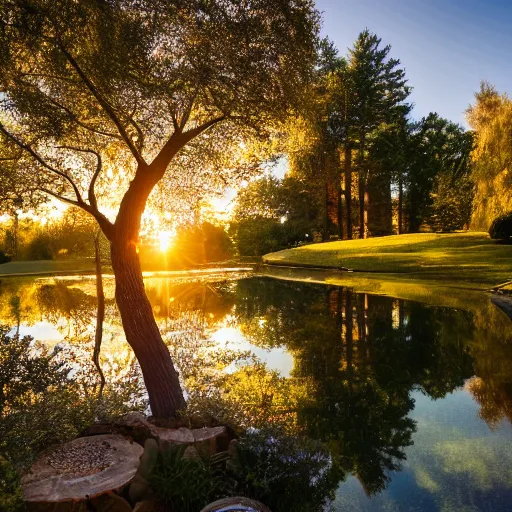 Prompt: reflective pond in the backyard of a millionaire mansion, golden hour, 8 k